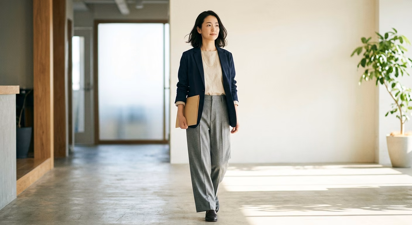 ベージュのブラウスにネイビーのジャケットとグレーのパンツを合わせ、オフィスを歩く30代女性の写真