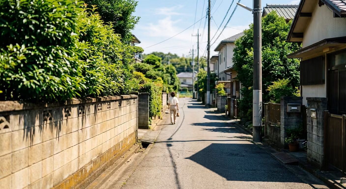 8月中旬の日本の住宅街の路地。オフホワイトのブラウスとベージュのパンツの後ろ姿を遠景で捉えた写真