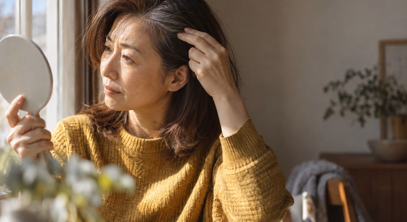 窓の光の下で、こめかみの生えぎわを指で分けて小さな鏡を見ている、茶色の髪に白髪の混じる女性の横顔
