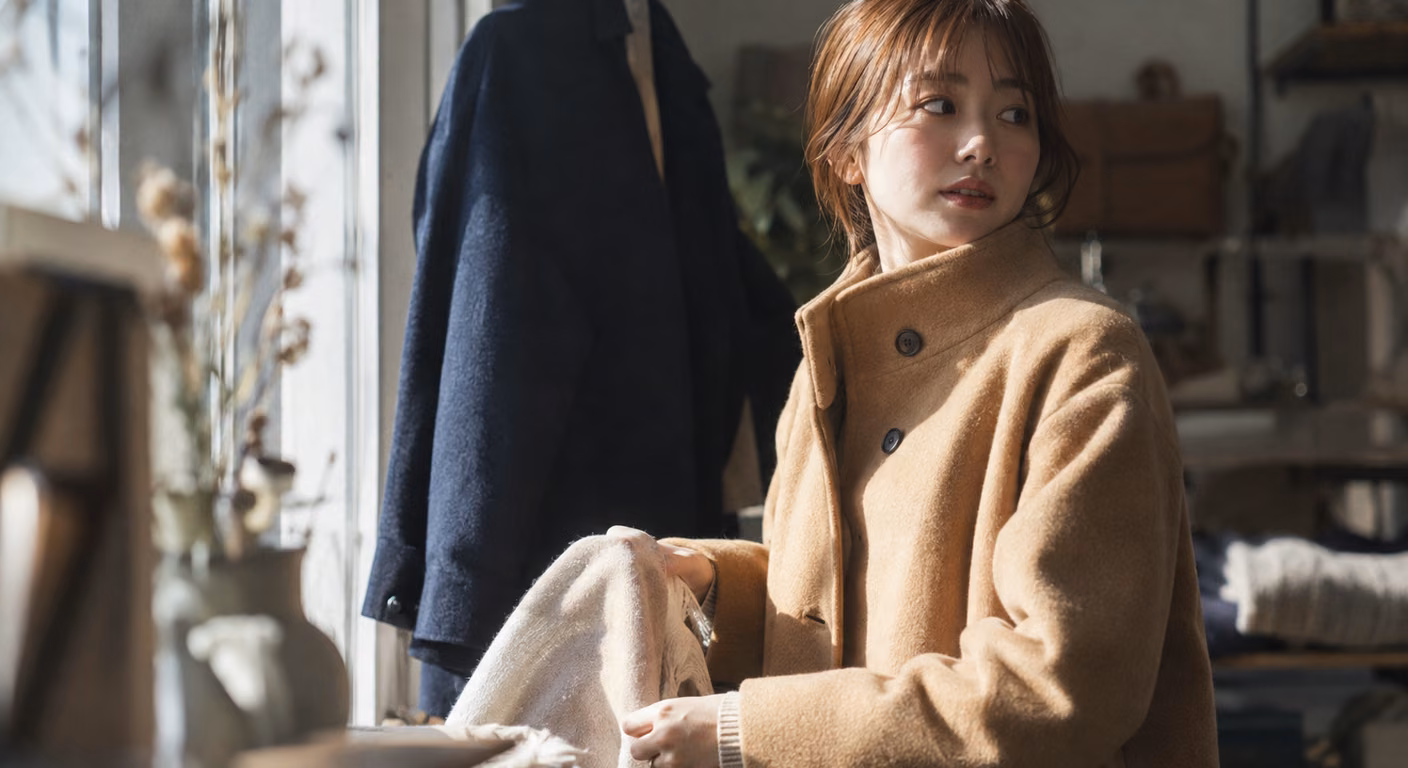 明るい茶の髪の女性が、明るいキャメルのウールコートの襟を首まで留めて、冬の窓際で横を向いている