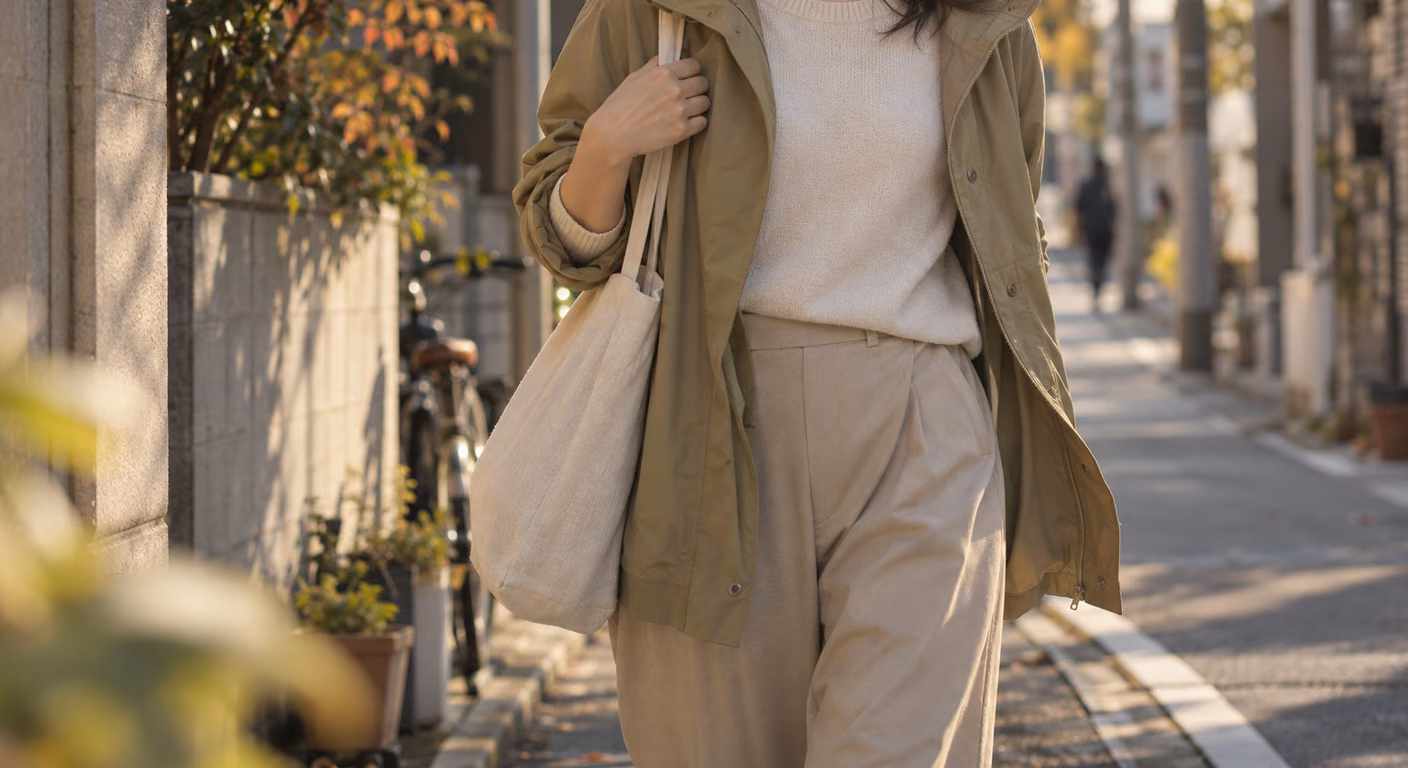 前を開けた明るい黄みのカーキのジャケットの下に、生成りのニットをのぞかせた女性の胸元から膝まで