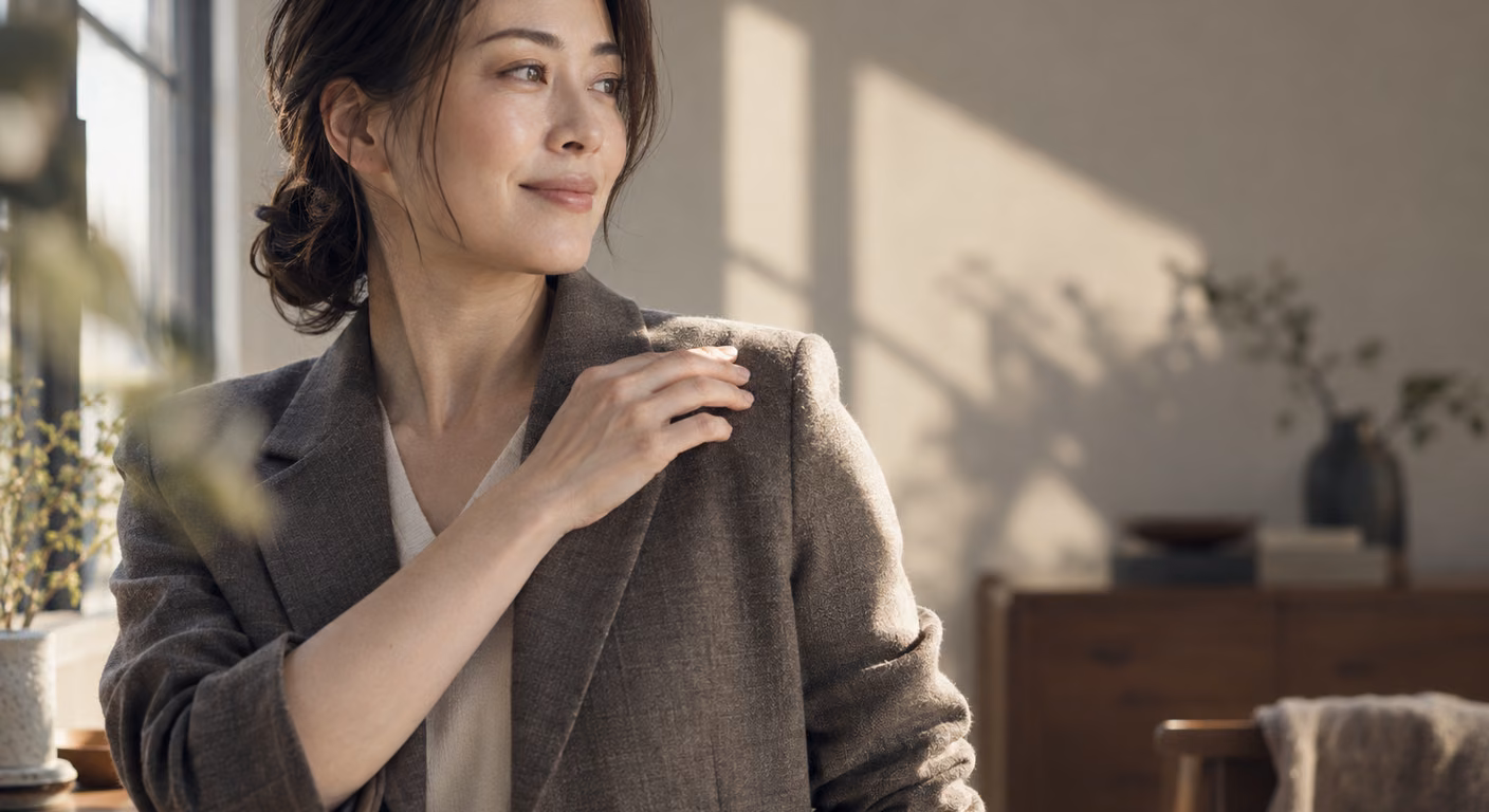 ジャケットの肩の線を手で整えている女性の横顔。開いた襟の上に首が見えている