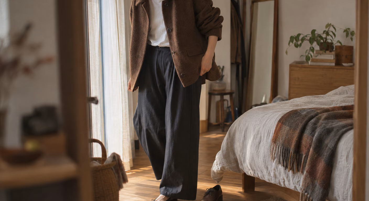 肩の落ちたブラウンのジャケットに白いカットソーと幅の広い暗い色のパンツを合わせ、足元の靴を履き替えようとしている女性の首から下