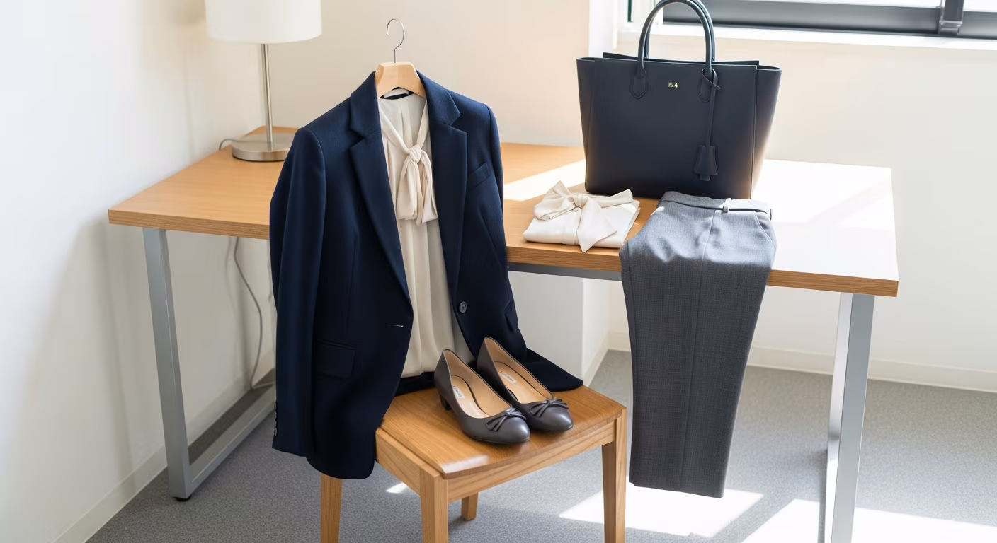 40代女性の面接コーデ、上質ウールジャケットとシルクブラウスの管理職スタイリング