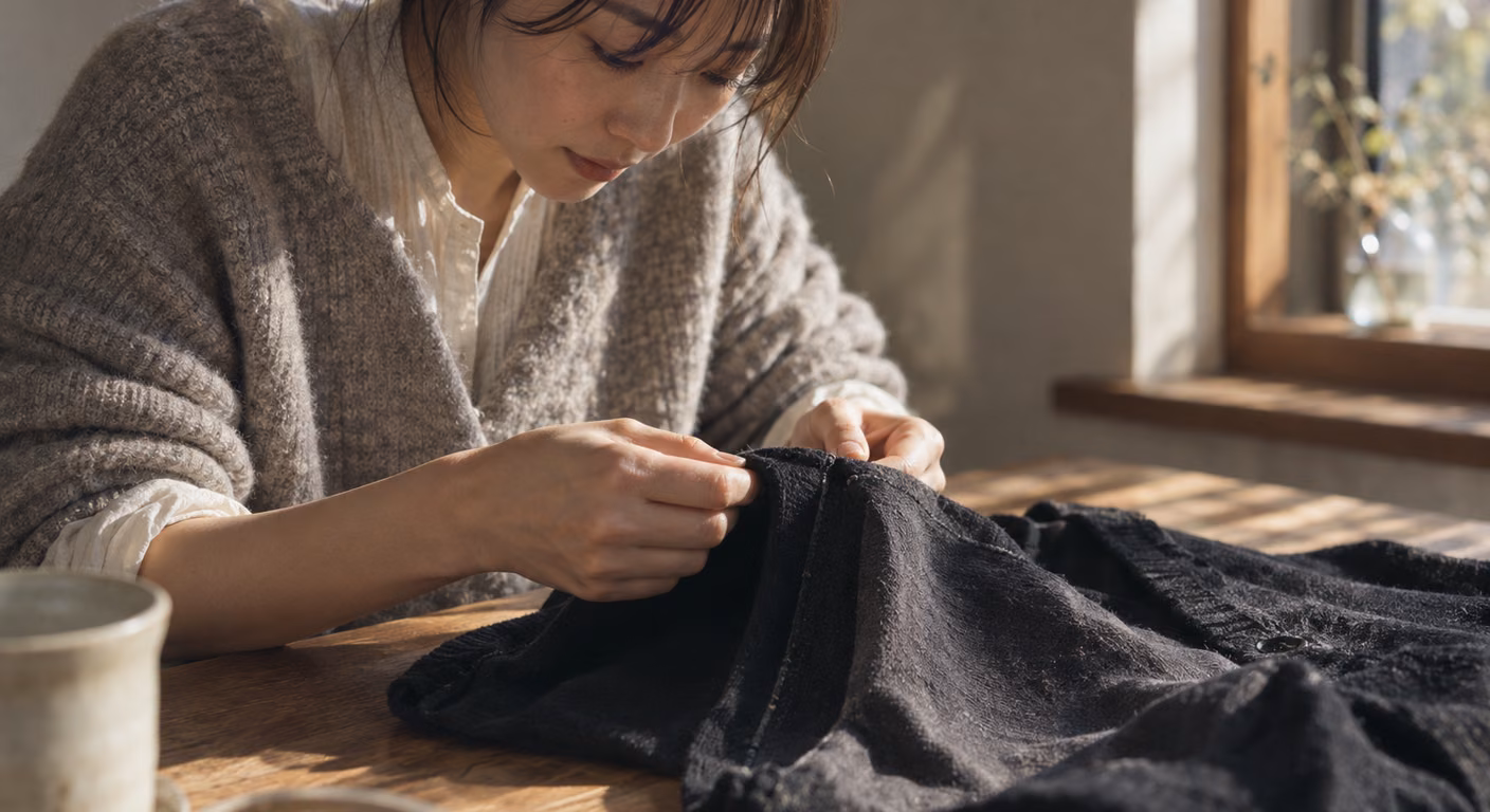 窓辺の木の机で、色の褪せた黒いニットの縫い目のあたりを指でつまみ、色の違いを確かめている女性