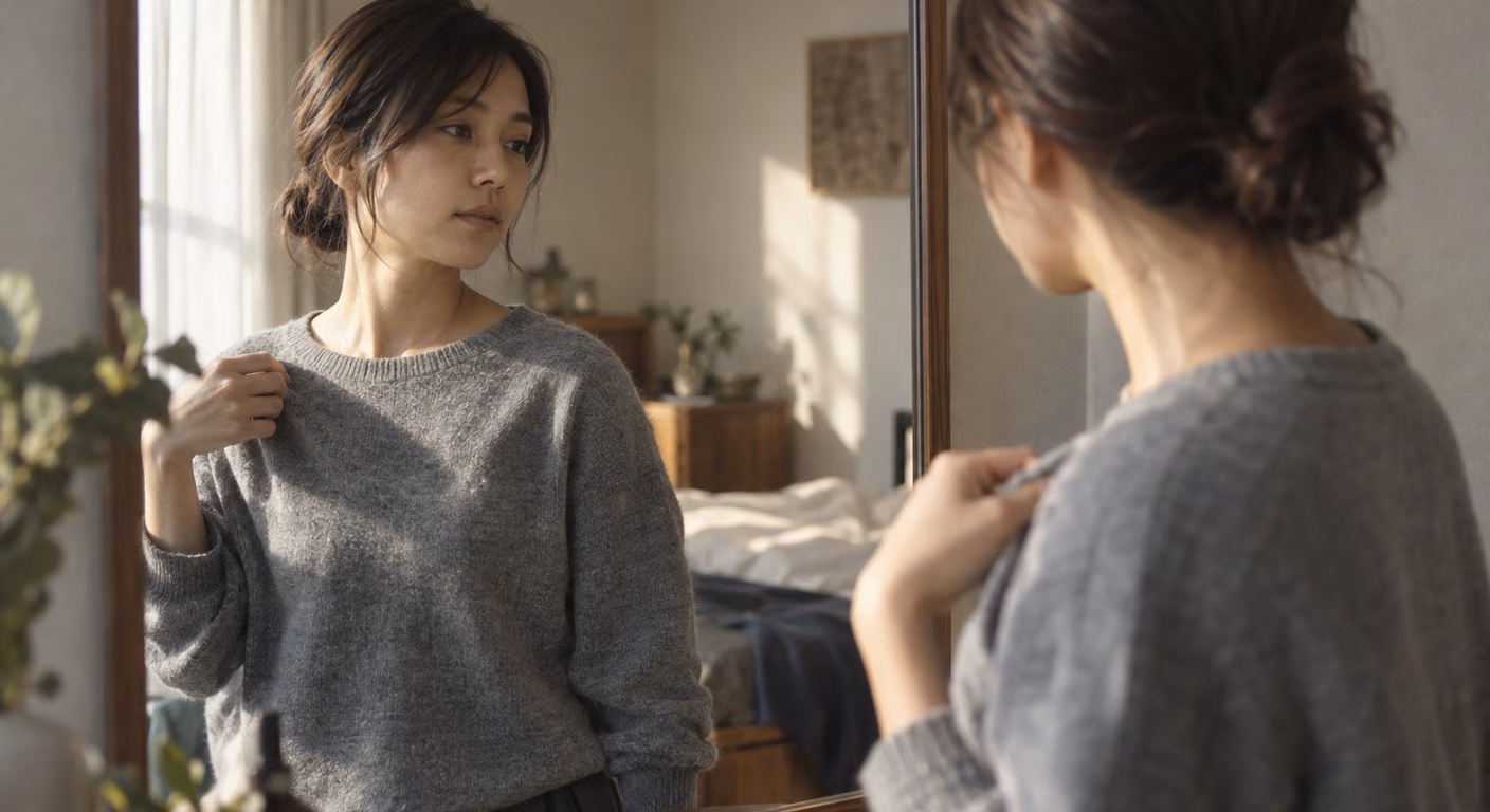 部屋の壁に掛けた鏡の前で、グレーのニットの肩を片手で引いて確かめている女性の横顔