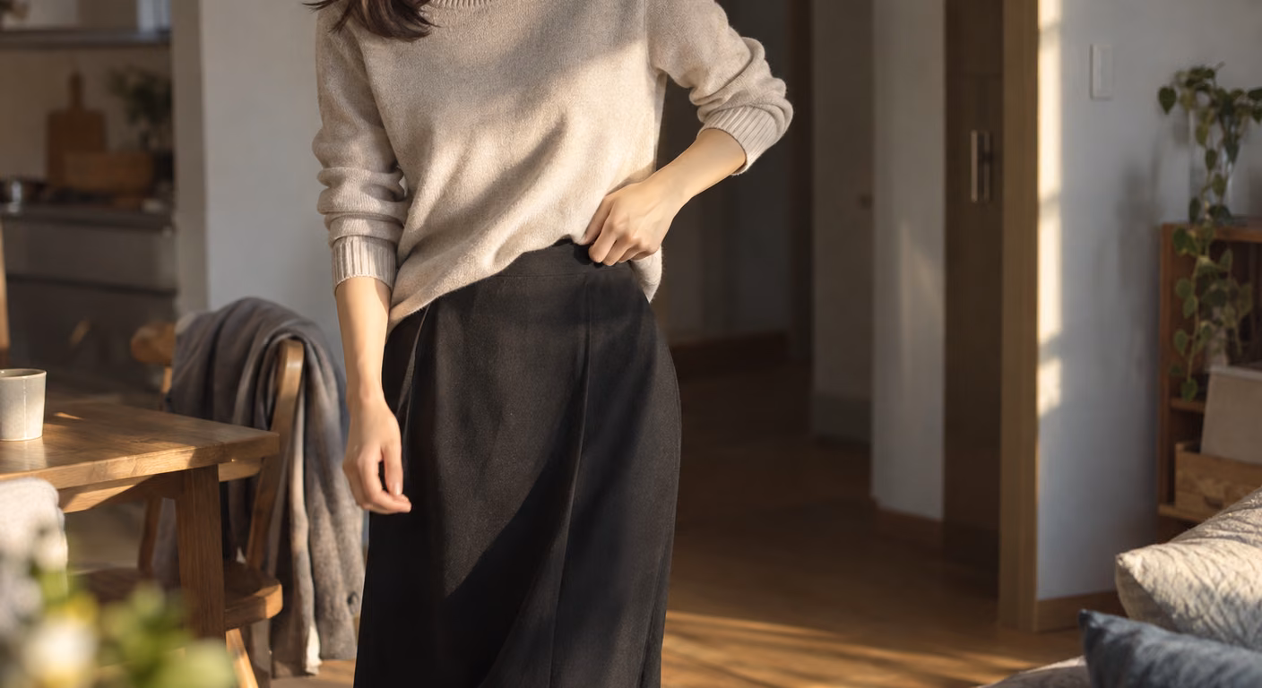ベージュのニットの裾を黒いスカートのウエストに片手で入れ直している女性の胴から膝まで