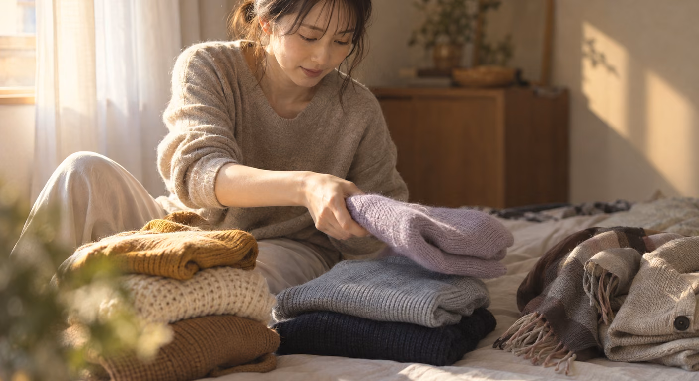 窓辺のベッドの上で、女性が手持ちのニットを3つの山に分けている。からし色・生成り・茶のニットの山と、灰色・紺のニットの山があり、ラベンダーのニットを手に取って重ねている。右側にはストールとカーディガンが離して置かれている