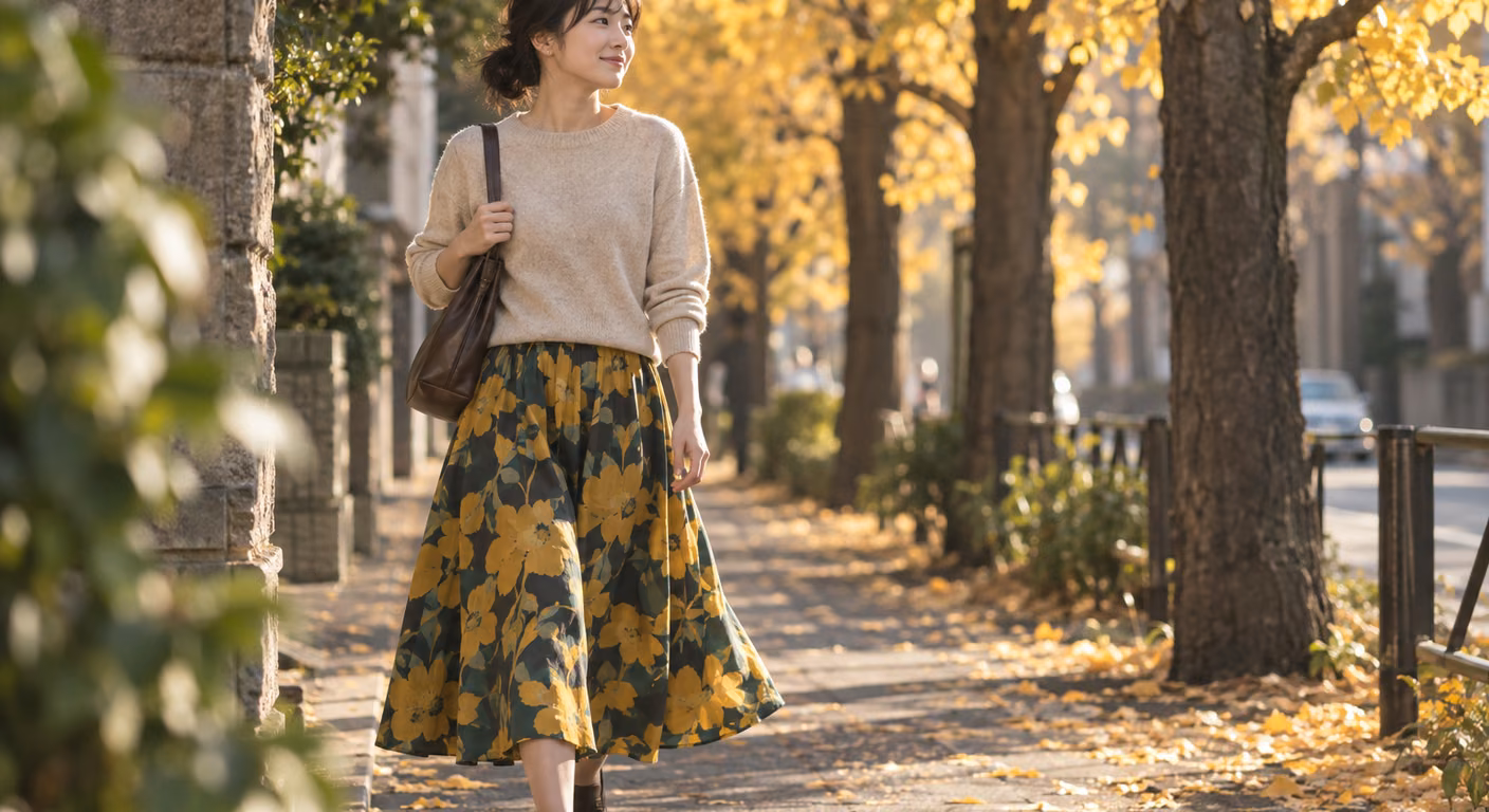 色づいた銀杏並木の歩道を歩く女性。上はオートミール色の無地のニットで、下は深い緑の地にからし色の大きな花柄が入ったロングスカートを合わせている