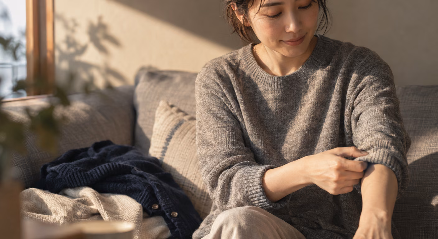 休日の部屋で、着ている灰色のニットの袖を指先で整える女性の手元と、横に畳んだ紺のカーディガン