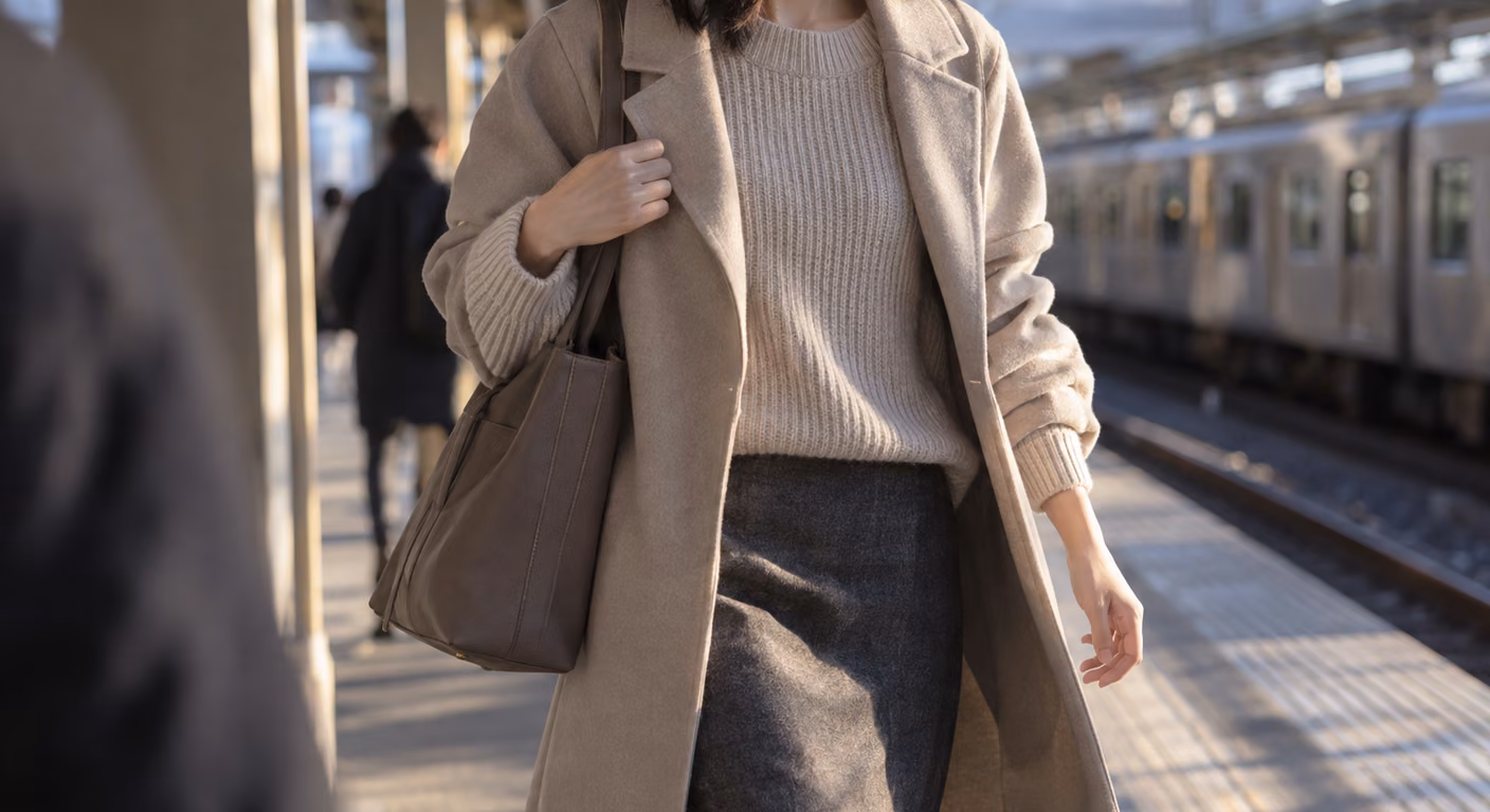 駅のホームを歩く女性の、開けたコートの下にのぞく袖にふくらみのあるニットと手に持ったバッグ