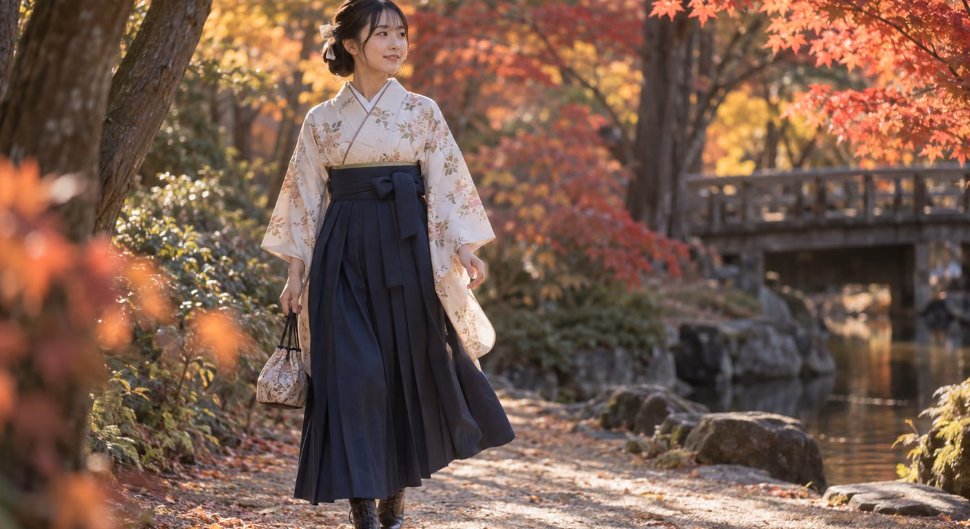 女子袴の前撮り｜秋冬に撮るなら、背景の色と撮る時刻で袴を合わせる