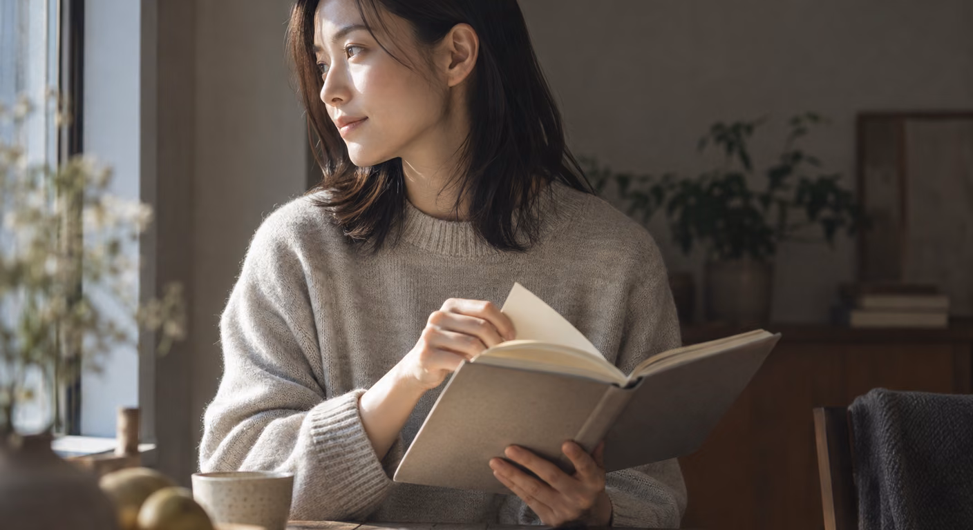 なめらかなグレージュのニットを着た女性が、窓辺で本のページを押さえながら、窓の外へ目を向けている