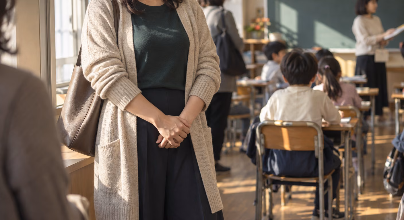 授業参観コーデ ぽっちゃり|羽織りの前を開けて立つ45分で選ぶ