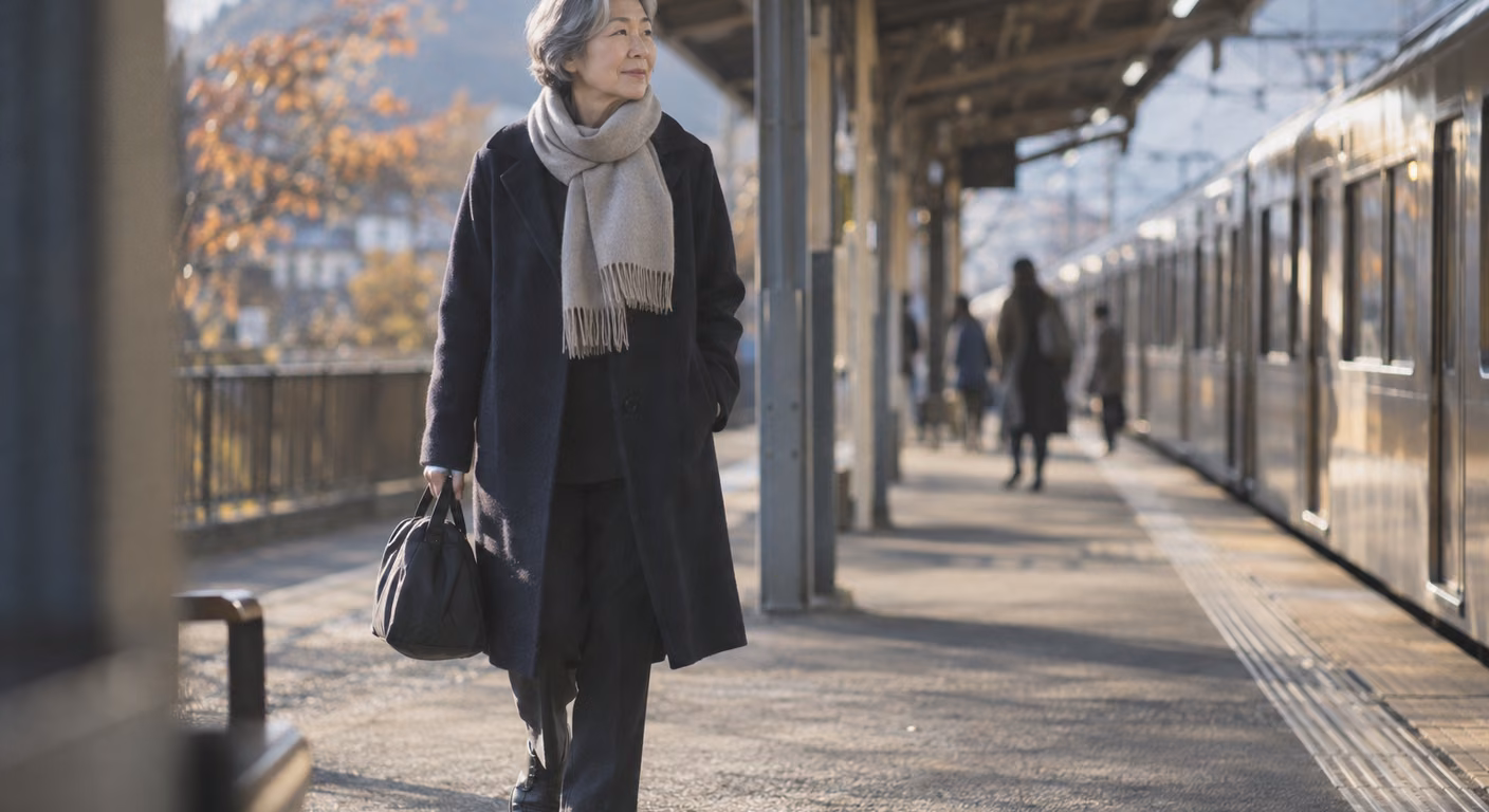 駅のホームを歩くグレイヘアの60代の女性。濃紺の膝丈のまっすぐなコートにグレージュのストールを合わせ、小さな旅行かばんを手に持っている