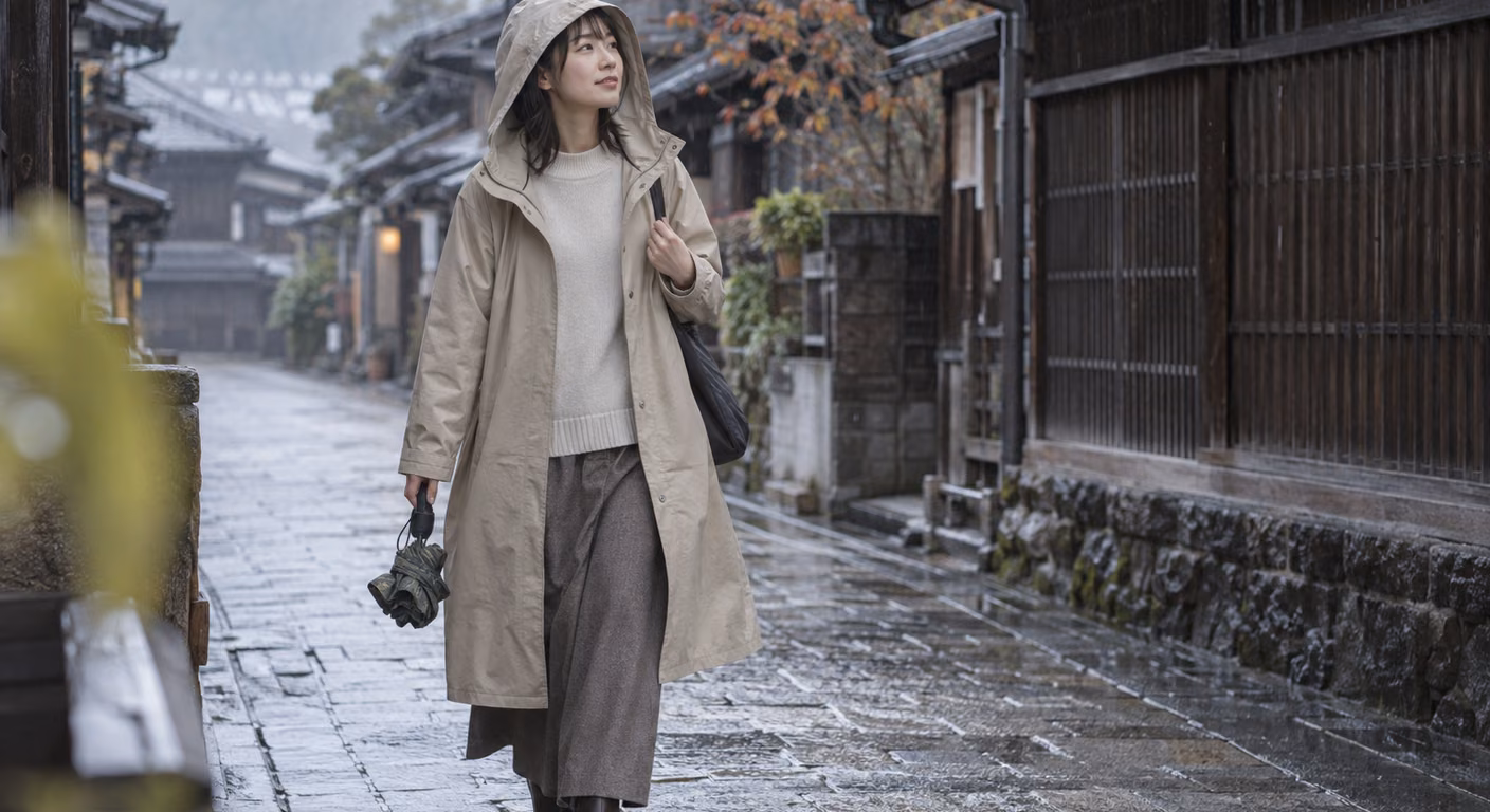 小雨の濡れた石畳の町並みで、フードをかぶった撥水のベージュのコートの女性が、閉じたままの折りたたみ傘を手に歩いている