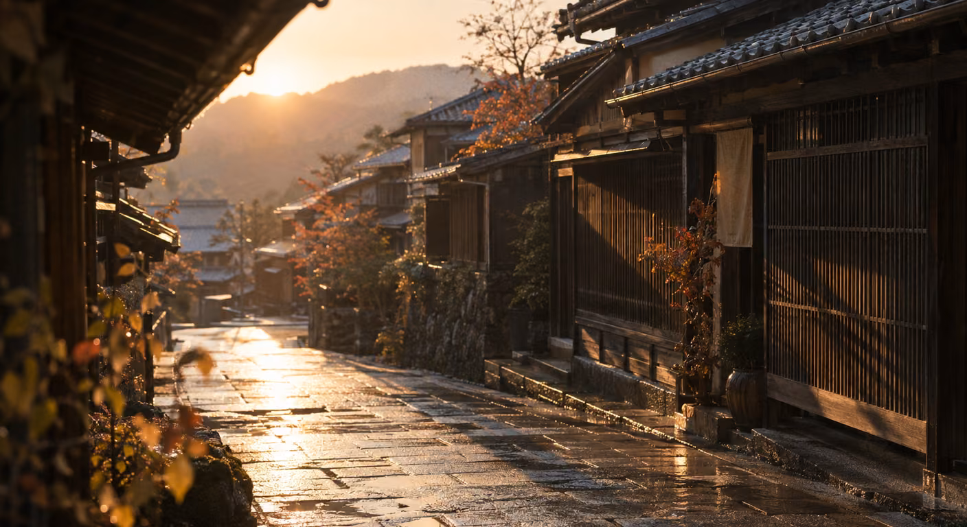 雨上がりの古い町並み、濡れた石畳に低い光が反射し、手前の軒先が画面の端を暗くしている