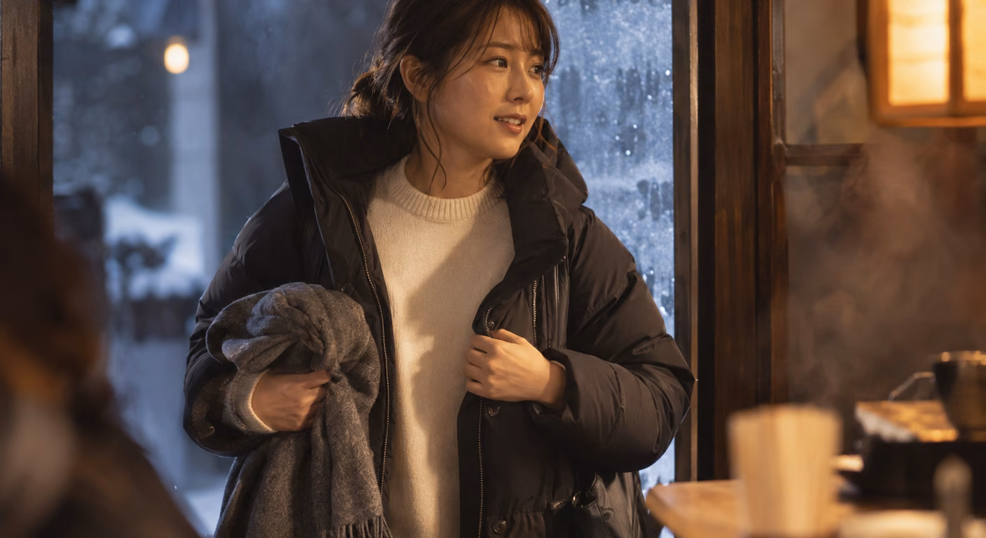 冬の通りから暖かい店に入ったところで、腿丈の中綿の上着の前を片手で開け、外したマフラーを手に持つ女性。中にはクリーム色の首の詰まったニットを着ている