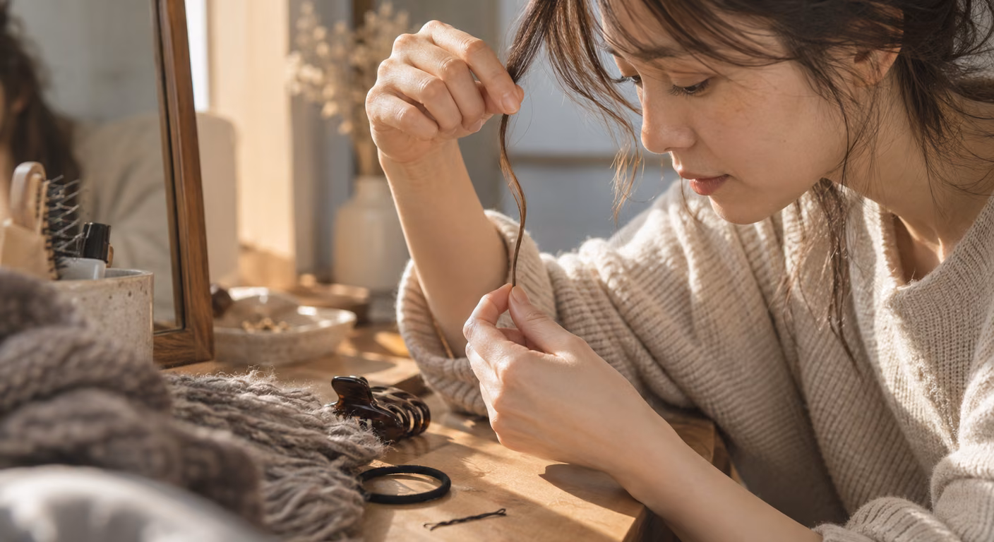生成りのニットを着た女性が鏡台に向かい、ゆるくうねる焦げ茶の髪をひと束指でつまんで下に垂らして見ている。机には黒いピン1本とヘアゴム、べっこう色のクリップ、グレーのニットのマフラーがある