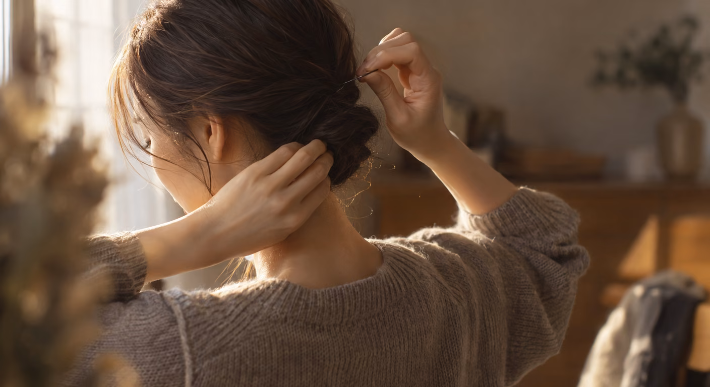 ニットを着た女性が、うなじの低い位置で髪をねじってまとめ、ピンで留めている後ろ姿の手元
