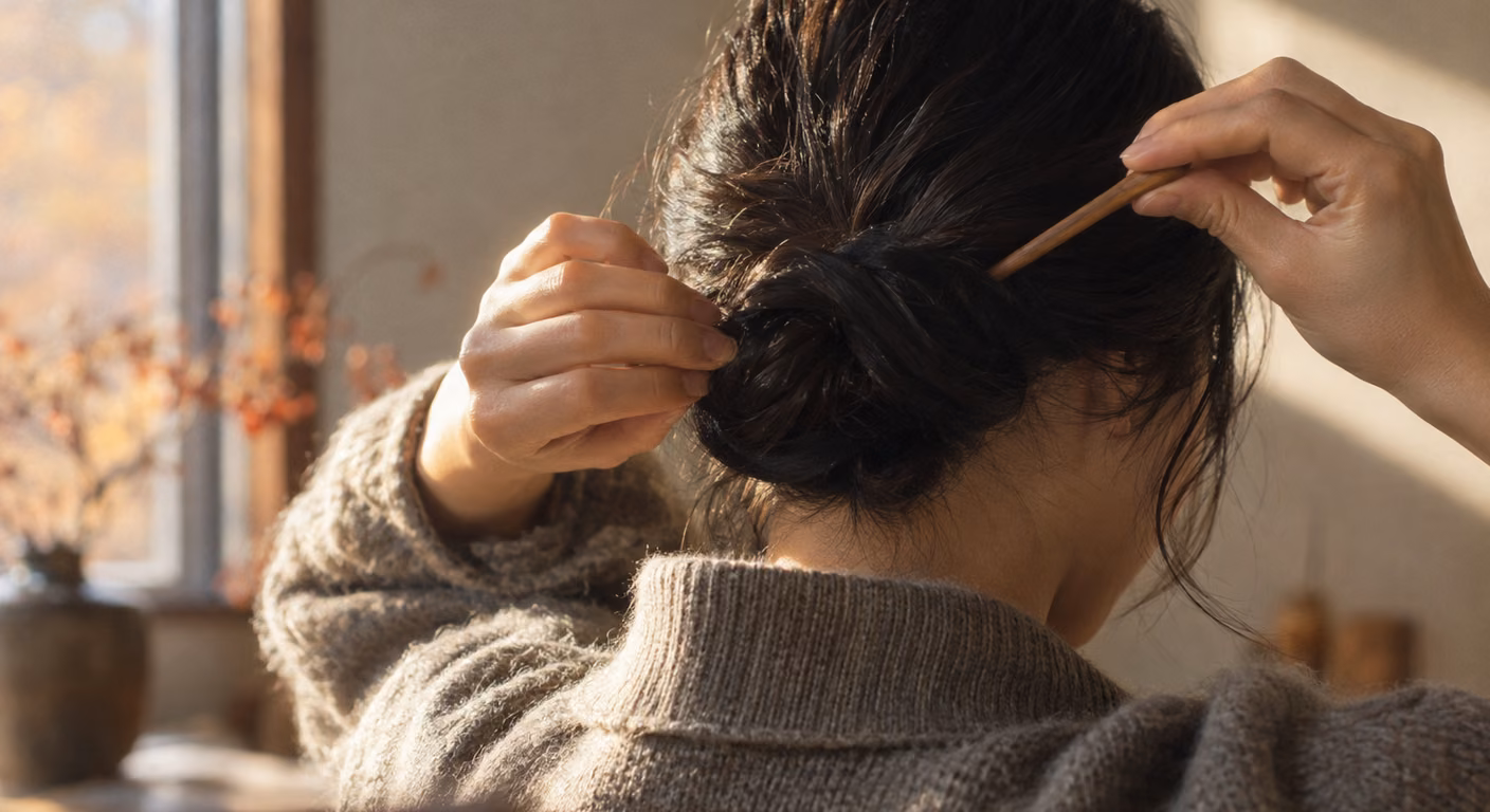 肩くらいの長さの髪をねじってまとめたお団子に、細い木のかんざしを差し込む手元
