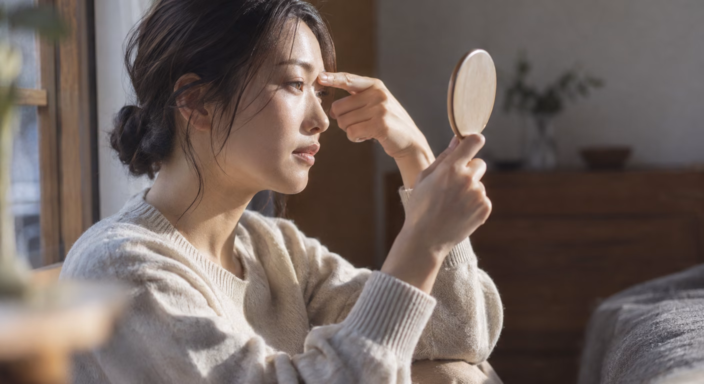 窓辺で小さな手鏡を見ながら、眉と目の間に人差し指を横に当てて幅を測っている女性の横顔