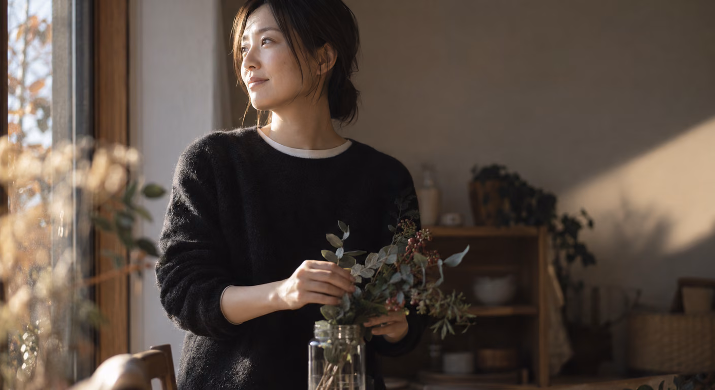 黒い起毛ニットの首元に生成りのインナーの縁をのぞかせた女性が、窓辺で枝ものを花瓶に挿している
