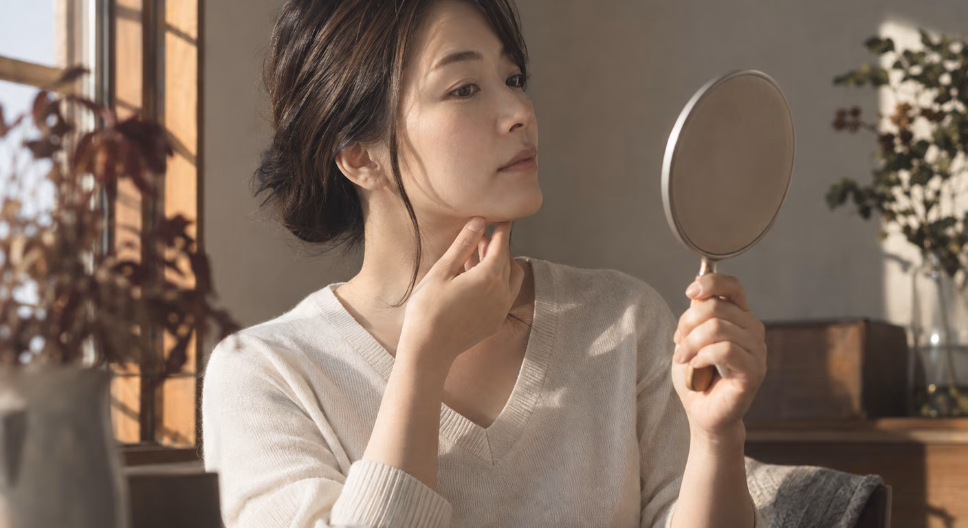 窓辺で手鏡を持ち、耳の前に細い毛束を残した横顔を確かめている、生成りのVネックニットの女性