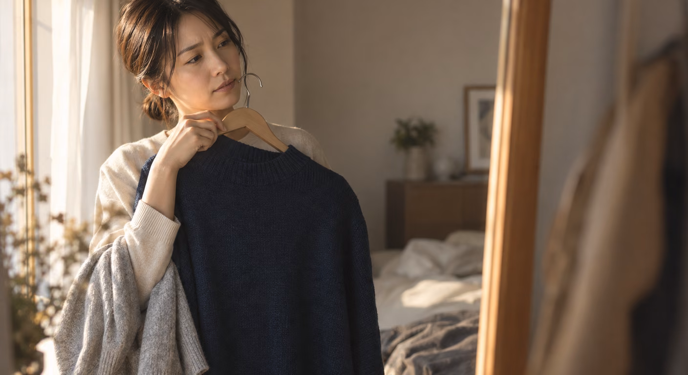 寝室の鏡の前で、紺色のニットをハンガーごとあごの下に当てて首をかしげる女性と、腕にかけた薄い灰色のニット