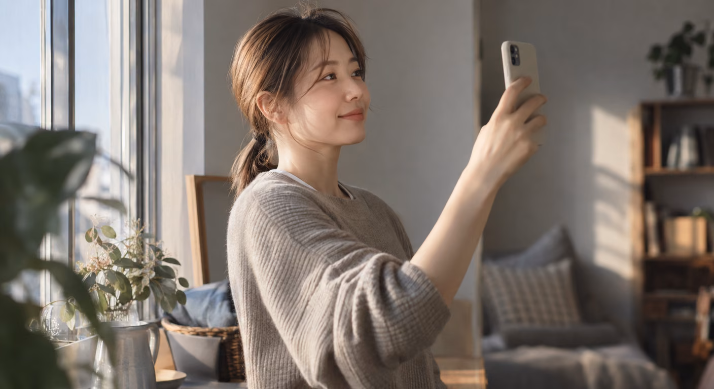 明るい茶色の髪を後ろでまとめて生え際を出し、窓辺でスマートフォンを目の高さに構えて自分の顔を撮る女性