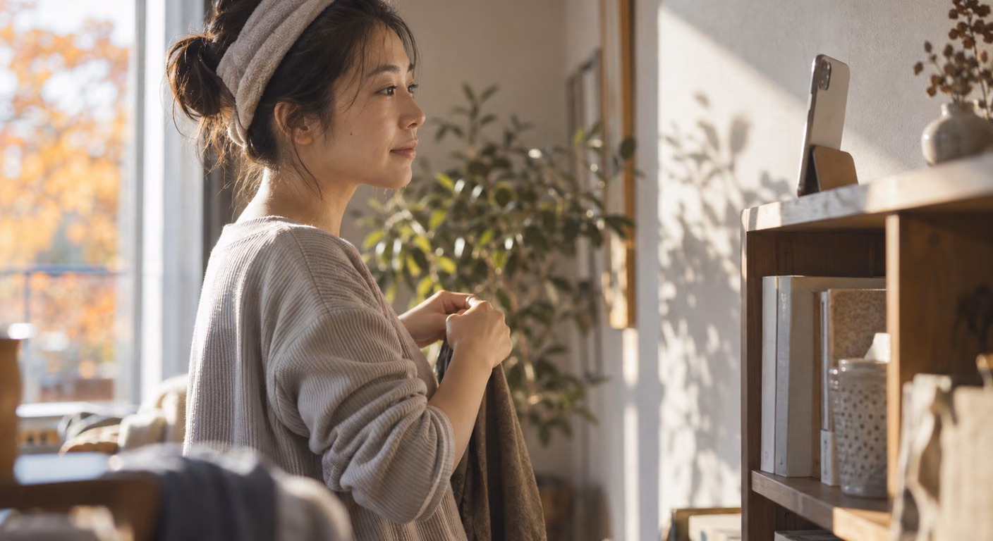 秋の昼の窓辺で、ヘアバンドで髪を後ろにまとめた女性が横顔を向け、目の高さの棚に立てたスマートフォンのタイマー撮影を待っている上半身