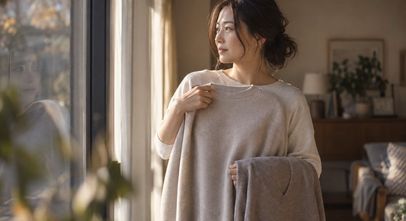 窓辺で襟の形が違う2枚のニットを順に胸元へ当て、どちらにするか見比べている女性