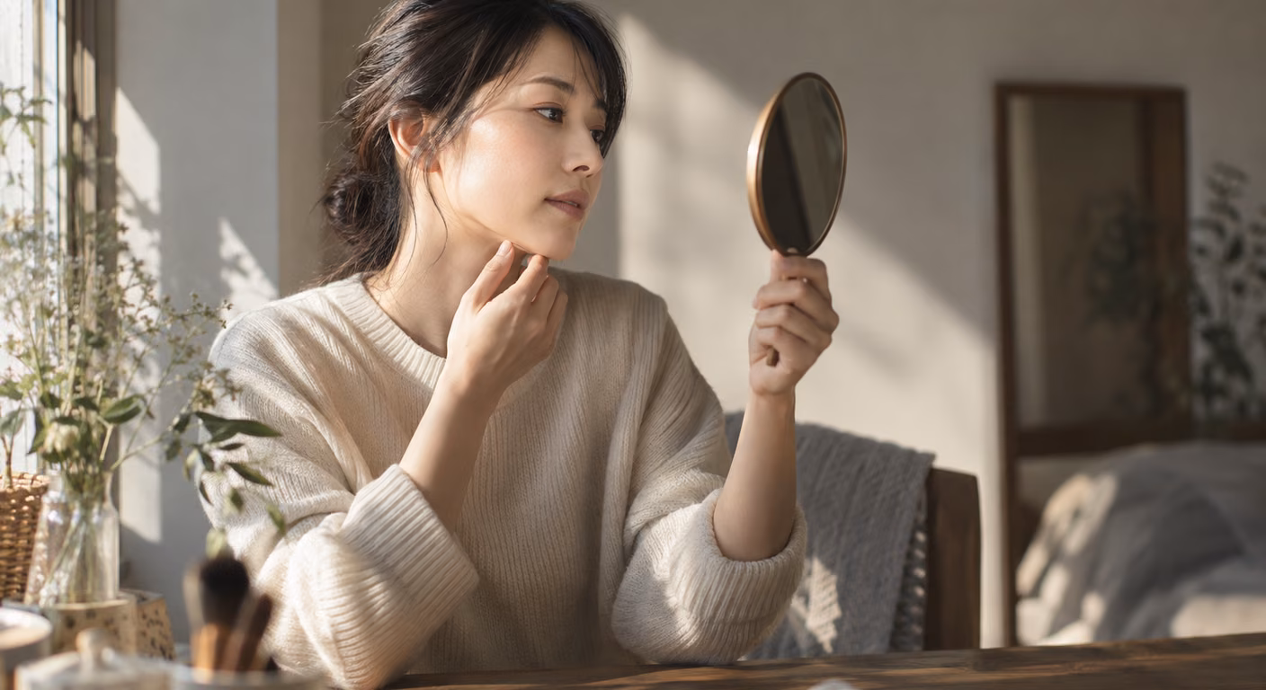 窓辺の光の中で手鏡をのぞき込み、自分の顎と目の形を確かめる女性の横顔