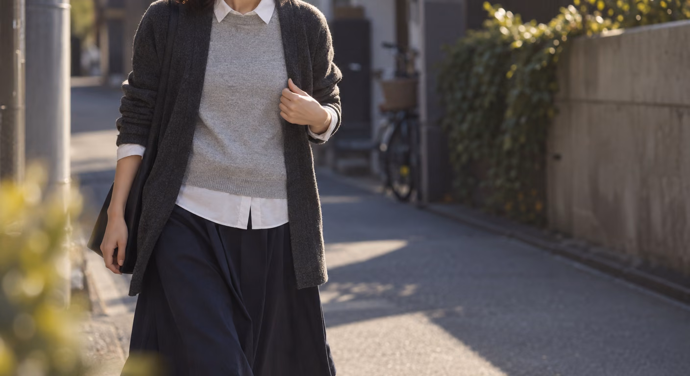 住宅街の道を歩く人の首元から膝まで。白いシャツの襟と裾をのぞかせた明るい灰色のニットに、前を開けた濃い灰色のカーディガンを重ね、紺のスカートを合わせている