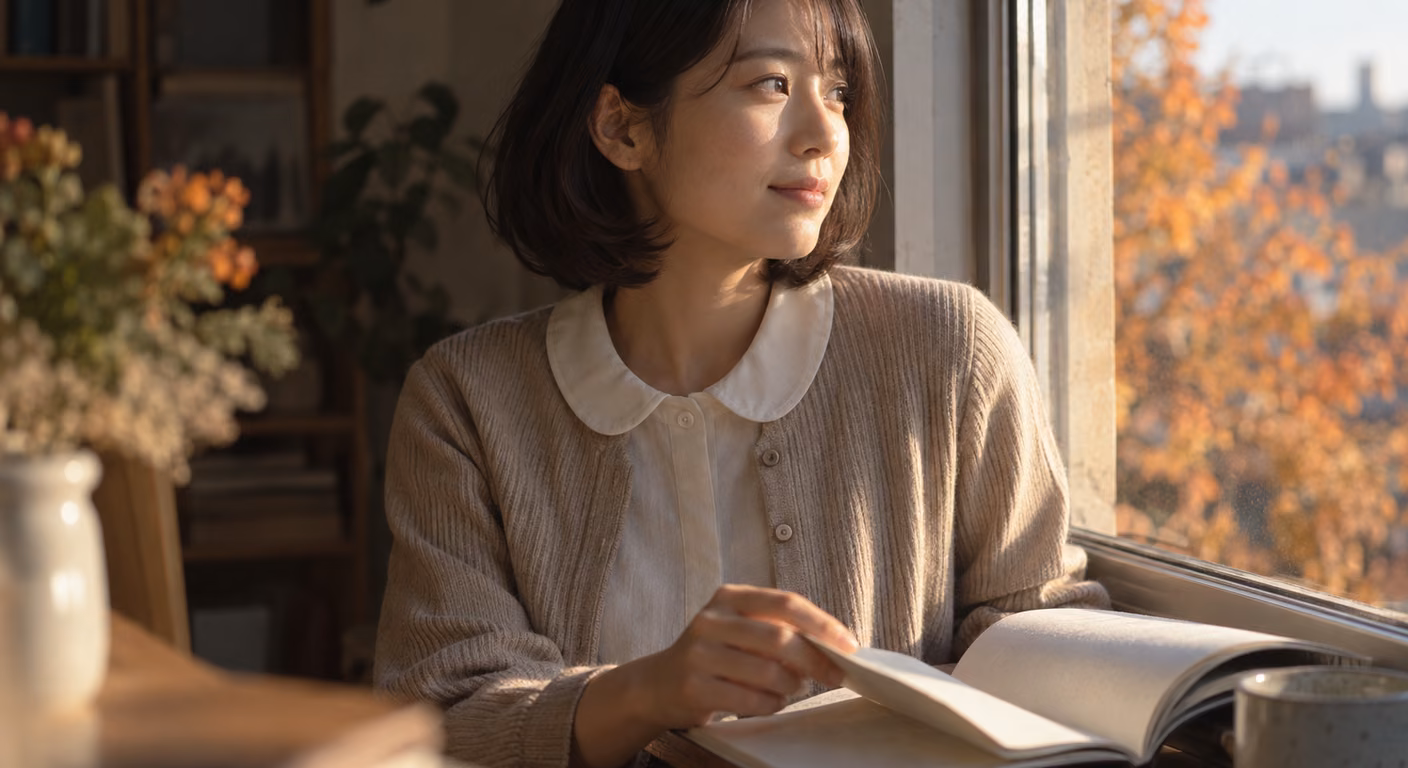 丸い襟のついた生成りのブラウスに、小さな丸ボタンのベージュのカーディガンを羽織った女性が、秋の窓辺で開いた本に手を置き、色づいた木の見える窓の外を眺めている