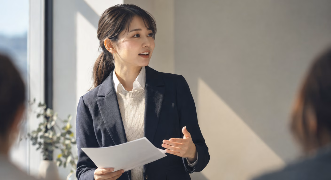 丸みのある顔立ちの女性が、シャツ襟を出した紺のテーラードジャケットに生成りのニットを重ね、資料を手に向かいの相手へ説明している