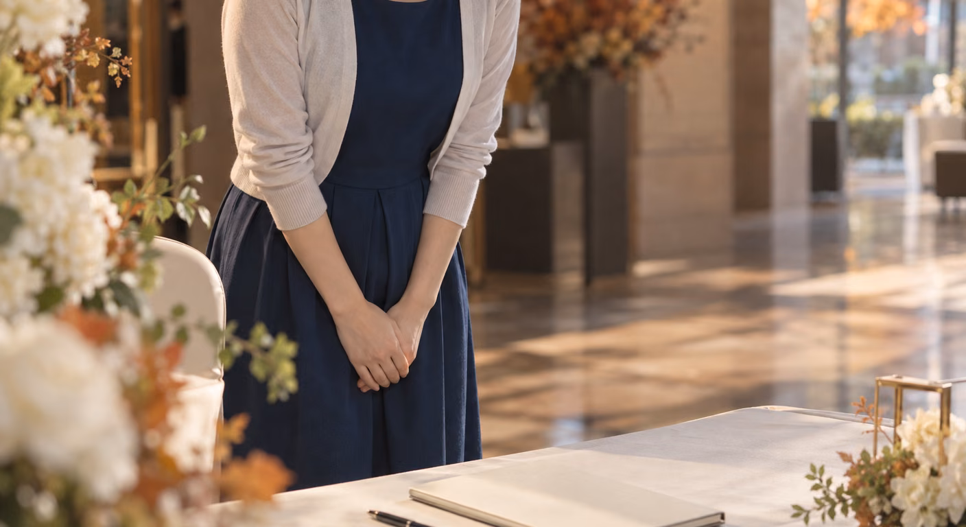 式場のロビーで、濃い青のワンピースに袖口の細い羽織りを重ねた女性が、白い布を掛けた受付台の前で軽く頭を下げている