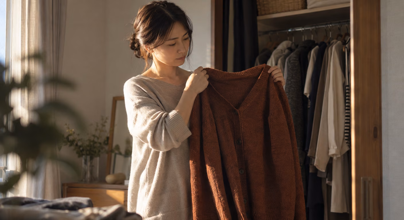 開いたクローゼットの前で、あまり着ていない赤茶のカーディガンを体に当てて考えている女性