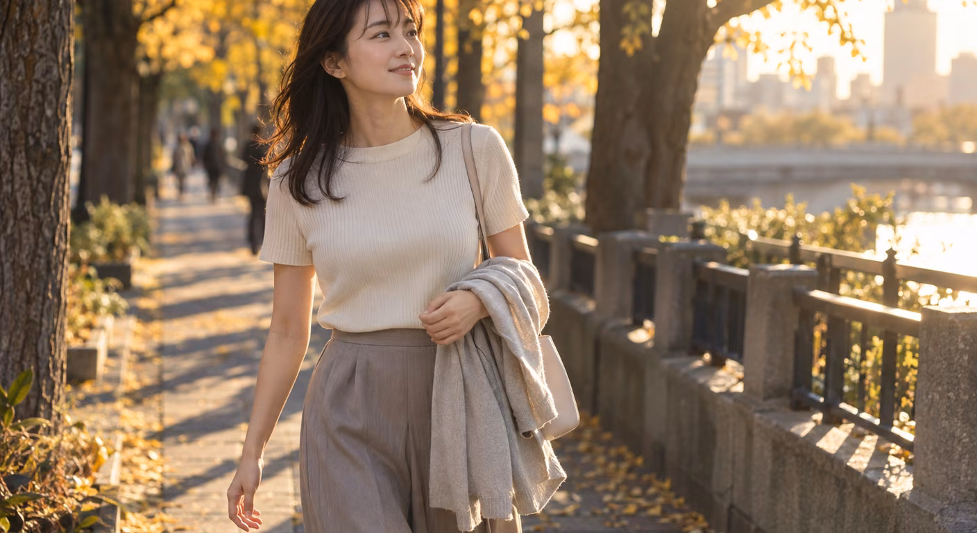 黄葉した並木の日なたの歩道を歩く女性。半袖の薄いニットを着て、薄手のカーディガンを腕にかけている