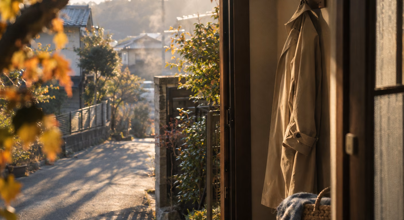 低い秋の日が長い影を落とす住宅街の朝。手前の開いた玄関の内側に、薄手のトレンチコートがフックに掛けてある