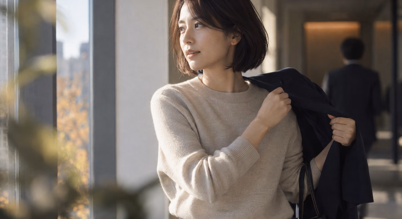 あご下の長さで毛先を少し内側に入れた髪の女性が、丸首の明るいベージュのニットの上に紺のジャケットを肩から羽織ろうとしながら、秋の日の差す会社の廊下で窓の外を見ている上半身