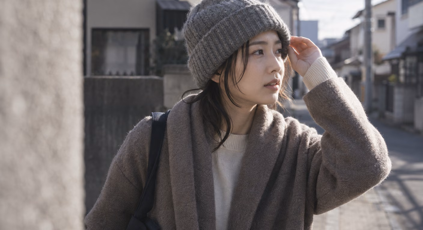 住宅街の道で、やわらかい起毛のグレーのニット帽を深めにかぶり、折り返しに手を添えている女性の上半身。耳の前に髪が少しかかっている