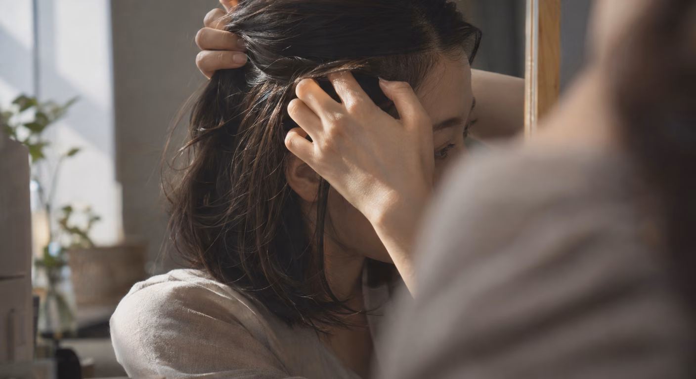 鏡の前で両手で髪を後ろにまとめ上げ、こめかみを出している手元
