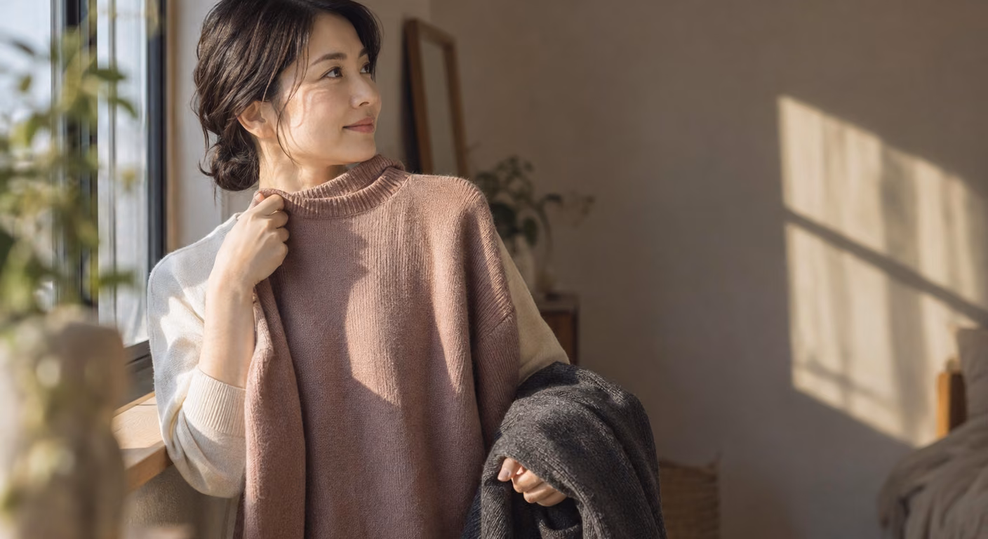 窓辺で、切れ長の目の女性がくすんだローズベージュのニットを顎の下に当て、腕にチャコールのニットを掛けて横の光の中で色を確かめている