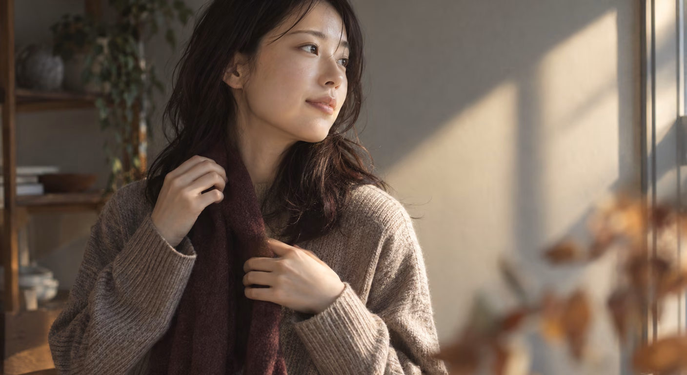 切れ長の目の女性が窓の光を片側に受け、あご先の横に薄いストールの端を垂らして整えている斜めからの上半身