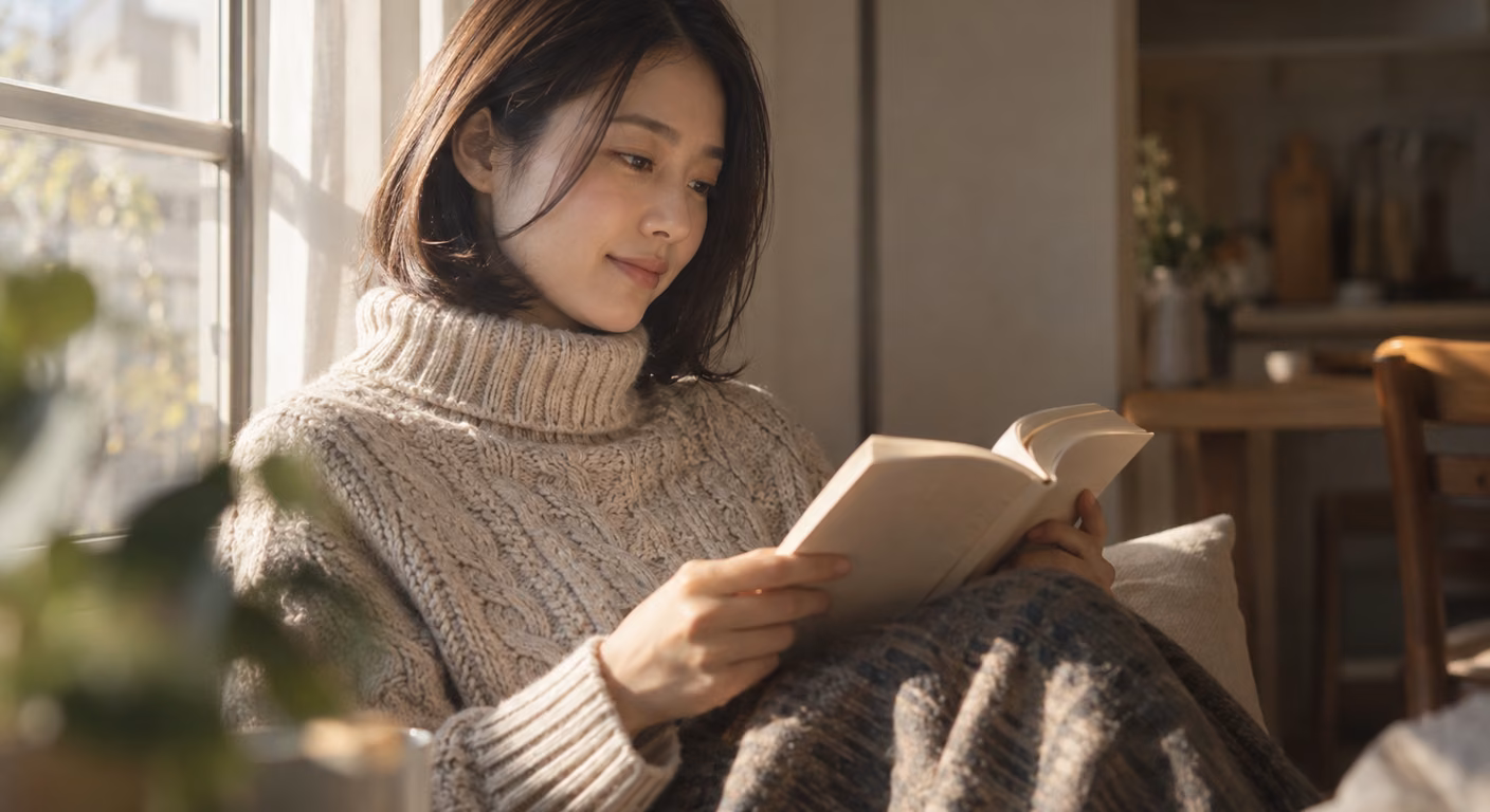 窓辺で本を読む女性が、襟を低く折り返した生成りの縄編みタートルネックを着て、頬の横に内巻きの毛先を残している