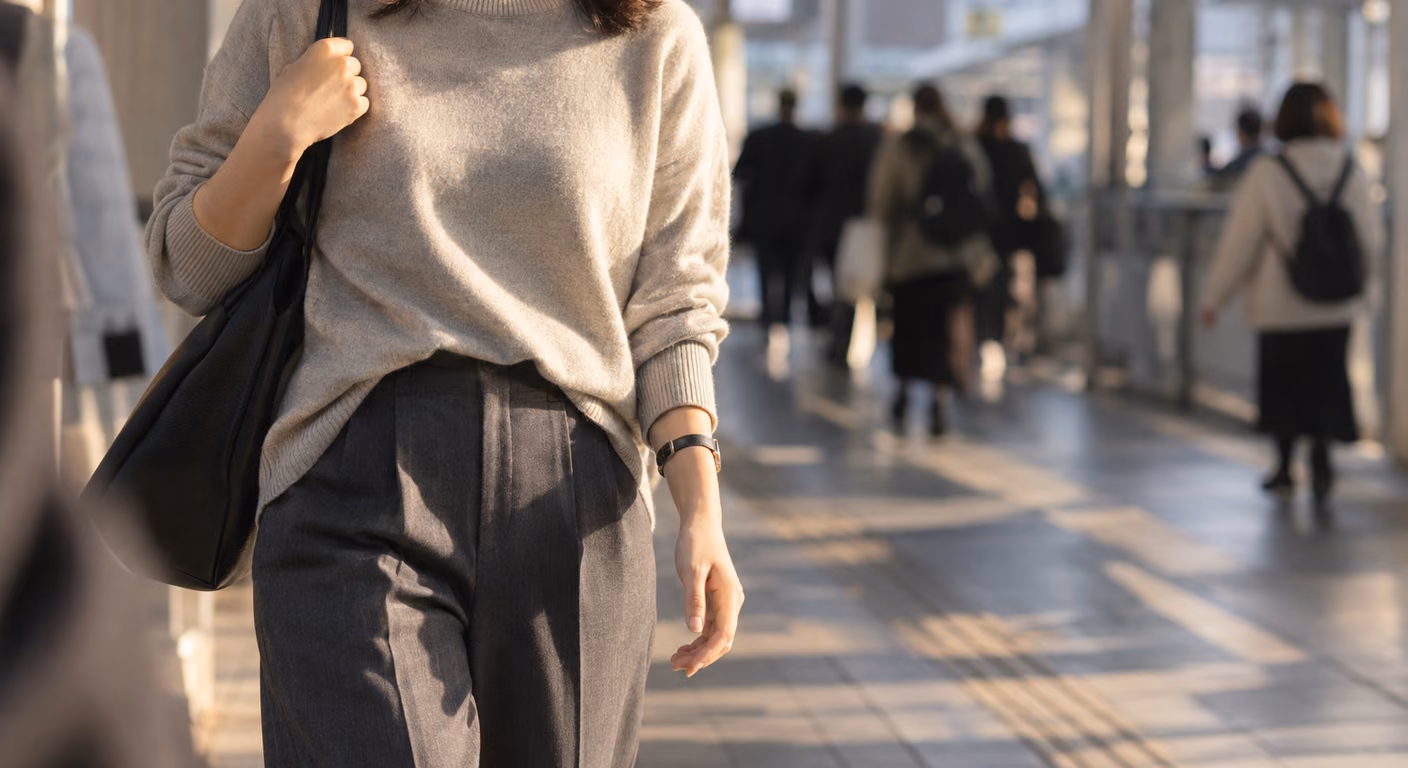 ハイウエストの濃いグレーのワイドパンツに、薄手のニットの前だけを入れて駅の構内を歩く女性の胸元から膝まで