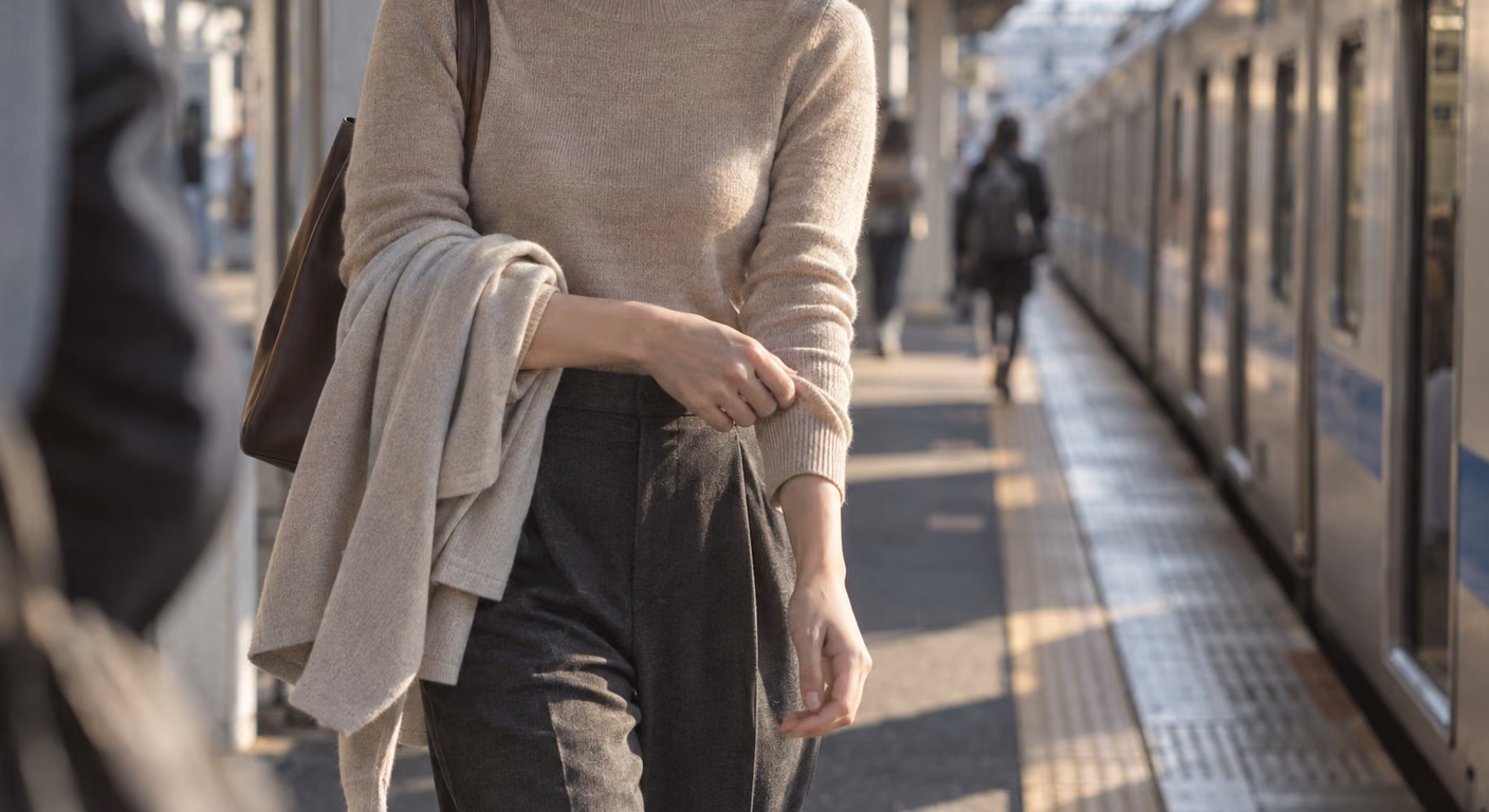 駅のホームを歩きながら、ベージュの薄手のニットの袖口に手をやる女性。腕には薄いカーディガンをかけ、グレーのパンツを合わせている