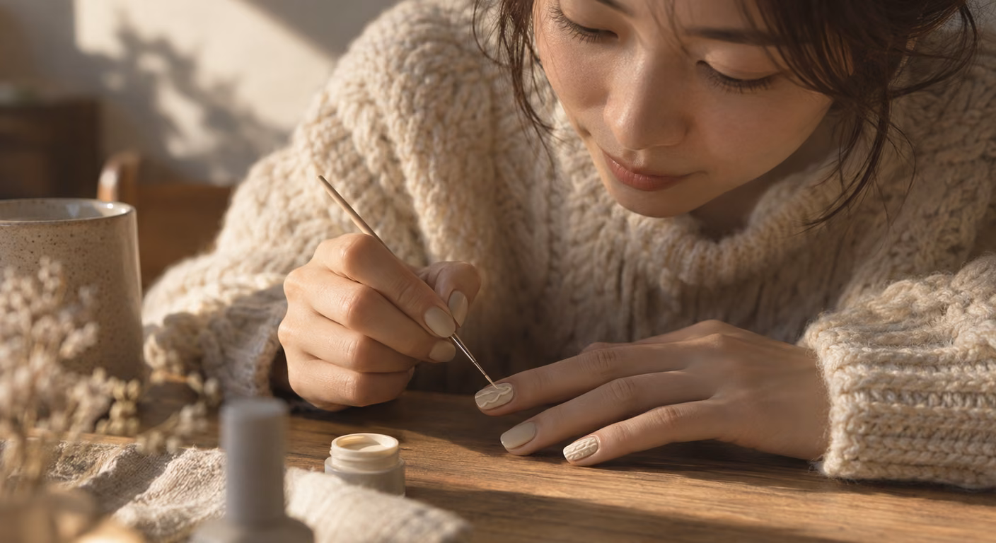 細い筆で、マットな生成り色の爪の上に同じ色で縄編みの盛り模様を描いている手元と、袖口の生成りのニット