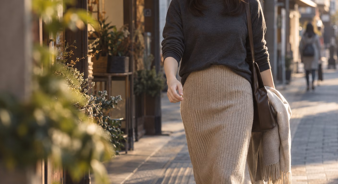 チャコールの薄手のニットの前だけをベージュのリブ編みのニットスカートに入れ、茶のバッグと巻きものを持って石畳の通りを歩く女性